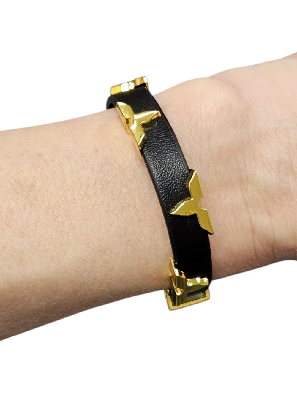 NEW Black Vegan Leather Adjustable Buckle Bracelet with Gold Accents